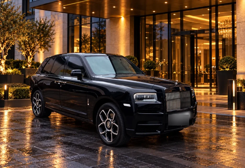Black Rolls-Royce Cullinan chauffeur car parked outside a luxury hotel entrance at dusk